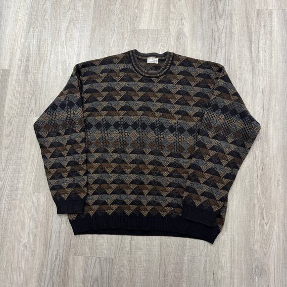 Vintage Zanella Sweater Men's Large Black Brown Geometric Knit 90s Wool Blend - Picture 1 of 7